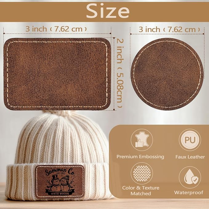 100 Pack Blank Leatherette Patches with Adhesive, Rustic Laser Engravable Faux Leather Patch for Hats Custom, Fabric Repair Sew, Engraving Materials, Gifts, DIY (Rectangle+Round)