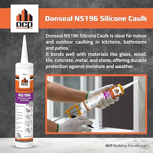 DCP Donseal NS196 Silicone Caulk Sealant 2 Pack – 100% Silicone Tube for Bathroom, Kitchen, Outdoor, Bathtub and Window Seal, 10.1 fl oz – Clear