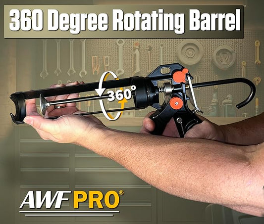 AWF PRO 10 oz Dual Thrust Caulk Gun, 25:1 or 12:1 Thrust Ratio, No Drip, Rotating Barrel, Comfort Grip, with Built-In Puncture Tool