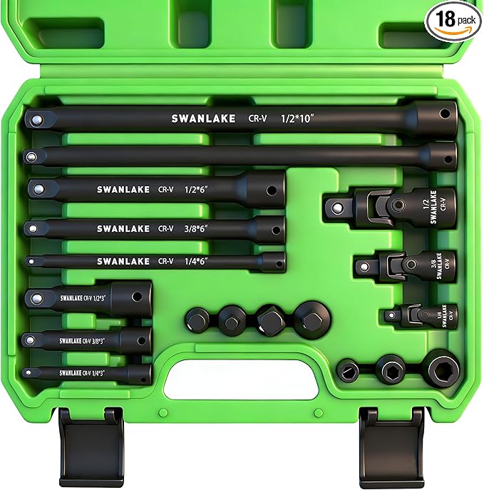 18-piece Impact Socket Extension Set Tools, Swivel Universal Joint, Deep 1/4", 3/8", 1/2" Drive Socket Adapter, Extension Bar, 3 Ratchet Coupler, CR-V Steel Alloy Corrosion-Resistant Mechanic Tools