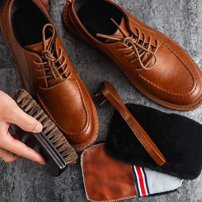 4 Pcs Horsehair Shine Shoes Brush Kit Polish Dauber Applicators Cleaning Leather Shoes Boots Care Brushes Suede Cleaner Brush with Microfiber Shoe Gloves(4 Pcs Style D)