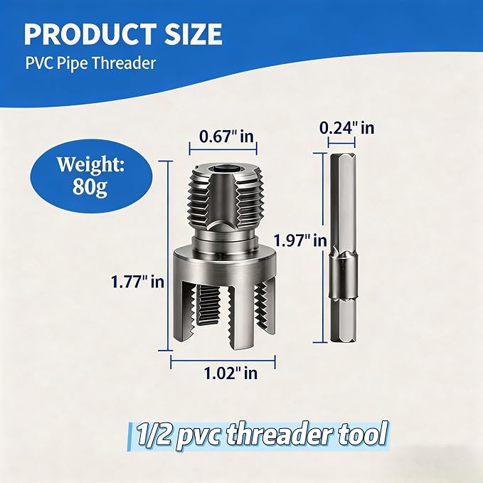 PVC Pipe Threader 2Pcs 1/2" 3/4" - Internal & External Threading Tool Set for Drill（1PCS 1/2)