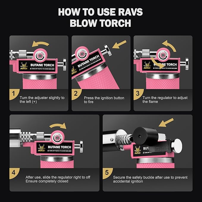 RAVS Butane Torch, Premium Metal Pink Torch Lighter with Adjustable Flame & Safety Buckle, Food Torch for Baking, BBQ, Desserts, Unique Gifts for Women, Butane Fuel Not Included