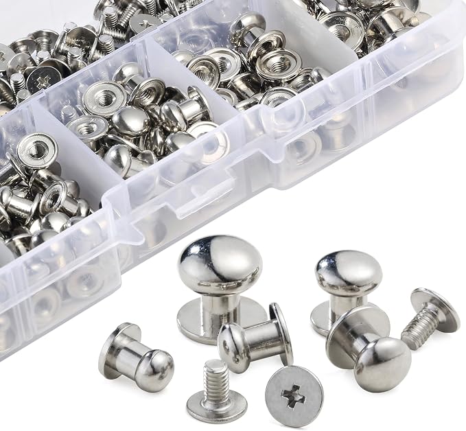 YORANYO 120 Sets Round Head Button Stud Assorted Sizes Button Screw Stud for Leather Chicago Screws Spikes and Studs Silver Leather Rivets for Repair Decorate Clothing Shoes Belts Bags Dog Collars