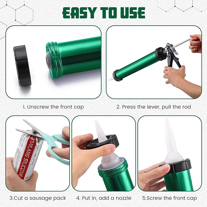 Lasnten 2 Pack Sausage Caulk Gun 20 oz Aluminum Cordless Sausage Caulking Gun with 4 Cone Nozzles, 18: 1 Thrust, Aluminum Sealant Hand Caulk Kit (Green)