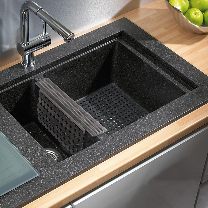 Bligli Plastic Sink Saddle, Sink Divider Mat with Strong Suction Cups, Kitchen Divided Sink Protector Mat for Glassware Dishes, Easy to Clean and No Smell, 9.5" x 12", Translucent Grey