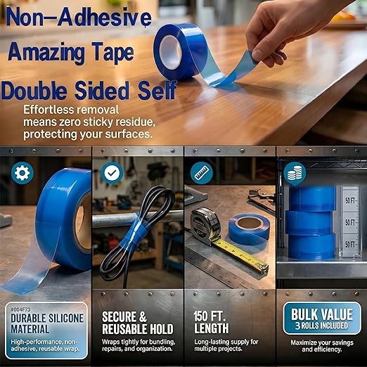 3 Pack Self-Fusing Non-Adhesive Vinyl Wrap Amazing Tape, 150FT Total, Waterproof No Residue Multi-Use Tape for Emergency Plumbing Repair, Outdoor Camping, Automotive, DIY & Home Tool(3 Pack)