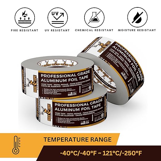 6 Pack Buck Aluminum Foil Tape – 2 Inch x 216ft (72 yd), 3.6 Mil – HVAC Tape for Ductwork, AC, Dryer Vents & Insulation – Silver Foil Tape for Metal Repair, Exhaust Sealing & Air Conditioning
