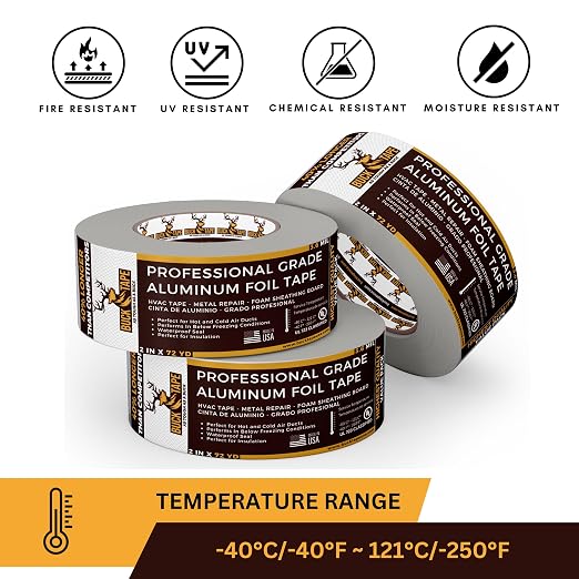 24 Pack Buck Aluminum Foil Tape – 2 Inch x 216ft (72 yd), 3.6 Mil – HVAC Tape for Ductwork, AC, Dryer Vents & Insulation – Silver Foil Tape for Metal Repair, Exhaust Sealing & Air Conditioning