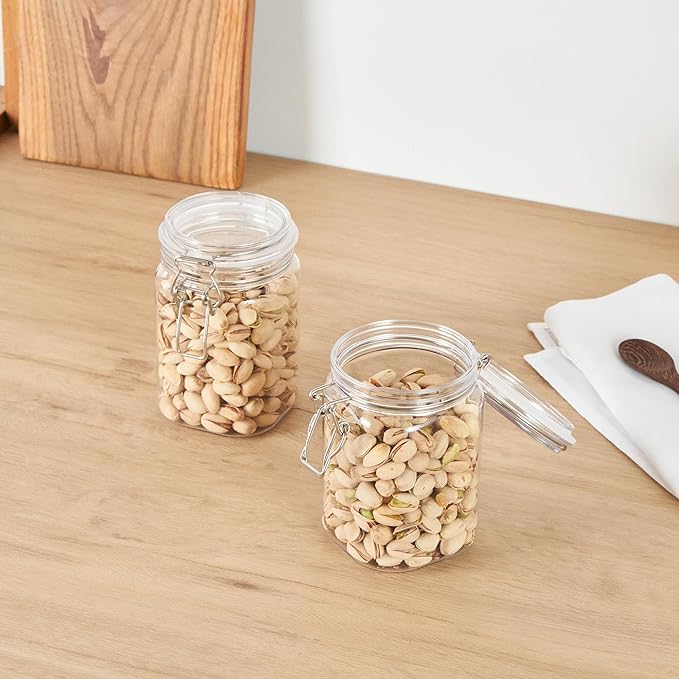 Restaurantware-Met Lux 29 Ounce Hinged Food Storage Jars, 2 Airtight Jars With Lids - Rubber Gasket, Wide Mouth, Clear Plastic Square Canisters, For Kitchen And Pantry Storage Of Bulk Dry Food