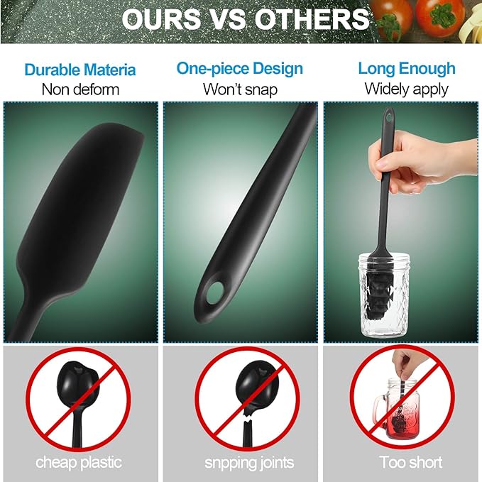 Patelai 2 Pieces Silicone Jar Spatula Long Handle Non-stick Rubber Scraper Heat Resistant Spatula Silicone Scraper for Jars, Smoothies, Blenders Cooking Baking Stirring Mixing Tools (Black)