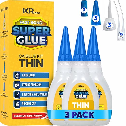 CA Glue Thin Viscosity Kit (3x1.75 oz.) Cyanoacrylate Glue, Super Glue for Precision Repairs, Wood, Plastic, Model Building, Crafts, and 3D Printing, Fast-Drying Adhesive for Tight Spaces and Cracks