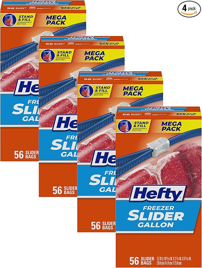 Hefty Slider Freezer Kitchen Storage Bags, Gallon Size, 56 Count (Pack of 4)