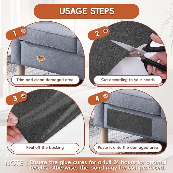 Linen Fabric Repair Tape 2 Pcs 8x12 Inch, Self Adhesive Couch Patch Repair Fabric Tape for Furniture, Linen Patch Kit for Couch, Carpet, Upholstery, Chair, Sofa, Cushion, Bag (Black Grey)