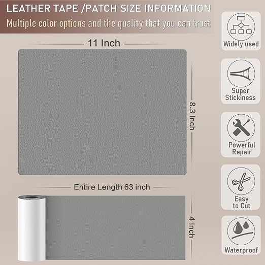 Self-Adhesive Leather Repair Patch, Vinyl Leather Repair kit for Furniture, Leather Repair Tape for Car seat, Couch, Furniture 4" x 63" Grey