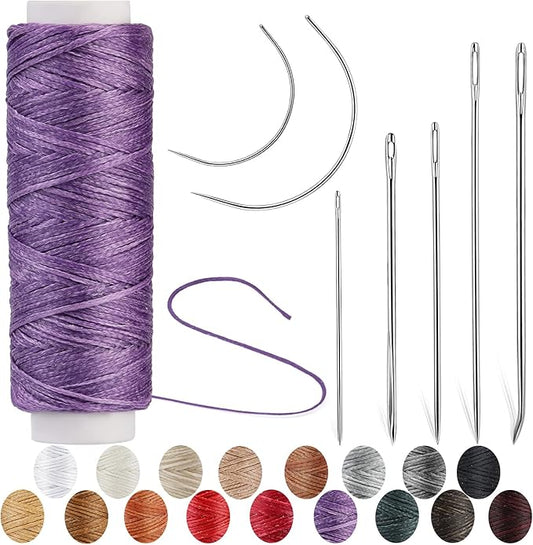 Ftyiwu Waxed Thread, Upholstery Needle and Thread 32 Yards with 7PCS Hand Sewing Needles for Home Upholstery Carpet Canvas Repair Leather Sewing (Purple)