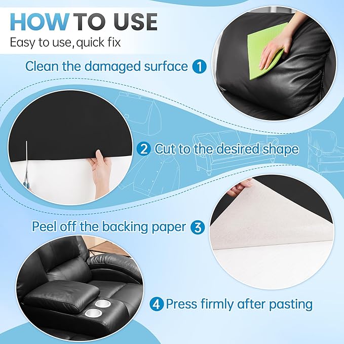 Leather Repair Patch Tape Kit, 16" x 30" Self Adhesive Leather Repair Patch for Furniture, Vinyl Leather Repair Kit for Car Seat, Chairs, Couch, Sofa, Boat Black