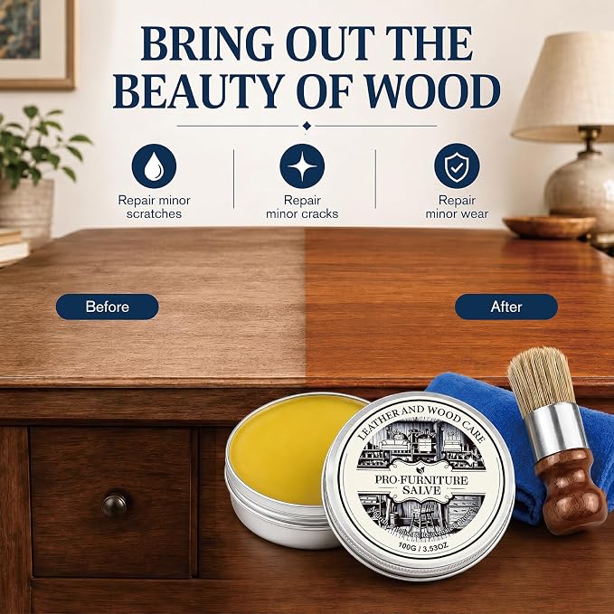 2PC Wood Repair & Furniture Salve - Leather Furniture Salve & Brush Set, Leather Couch Conditioner for Wood & Leather Conditioner, with Furniture Wax, Prevents Cracking & Fading