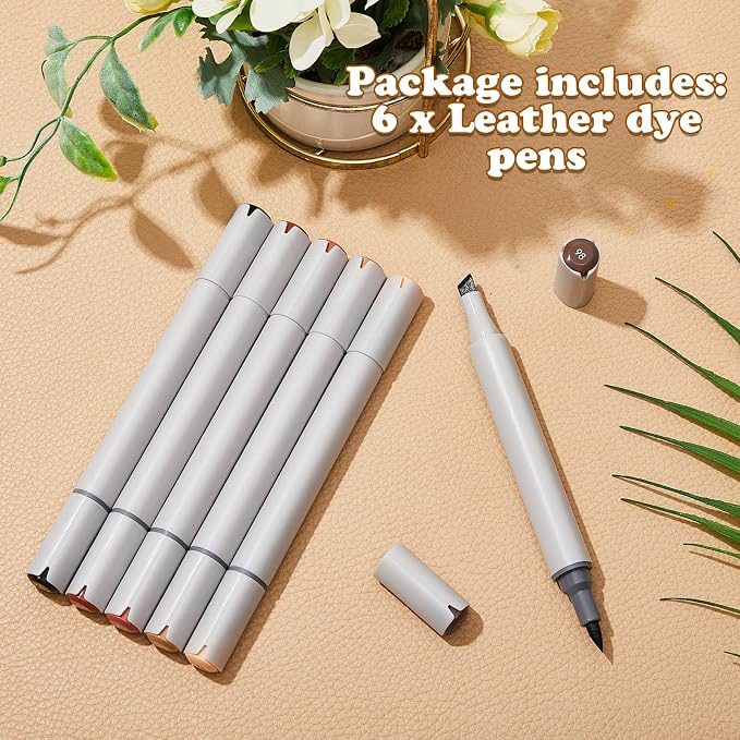 Leinuosen 6 Pack Dual Tip Leather Dye Marker Pens Touch up Pen Shoe Marker Leather Flow Marking Pen for Furniture Scratches Shoe Repair Kit Paint, 6 Colors
