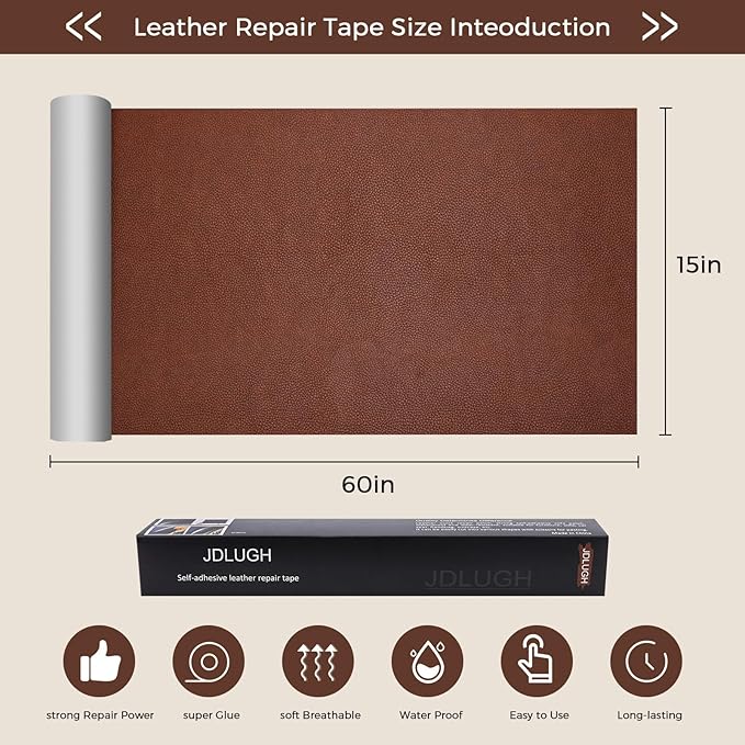 JDLUGH Sofa Leather Repair Patch Tape, Large Self Adhesive Couch, Car Seat, Office Chair, Leather Furniture, Vinyl Repair Patch Kit for Furniture (15x60 Inch, Brown)