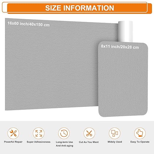 Cahomo Self-Adhesive Leather Repair Patches Tape for Couches - 8x11 inch, Vinyl & Leather Repair Kit for Furniture, Car Seats, Handbags, Jackets - Grey