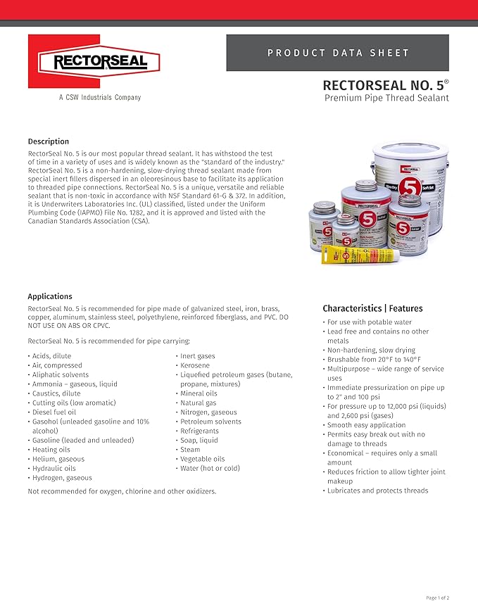 RectorSeal No. 5 25551 Pipe Thread Sealant, Lubricates & Protects Threads, Soft Setting, Slow Drying, & Permits Easy Breakout, Contains No Other Metals, 8 oz
