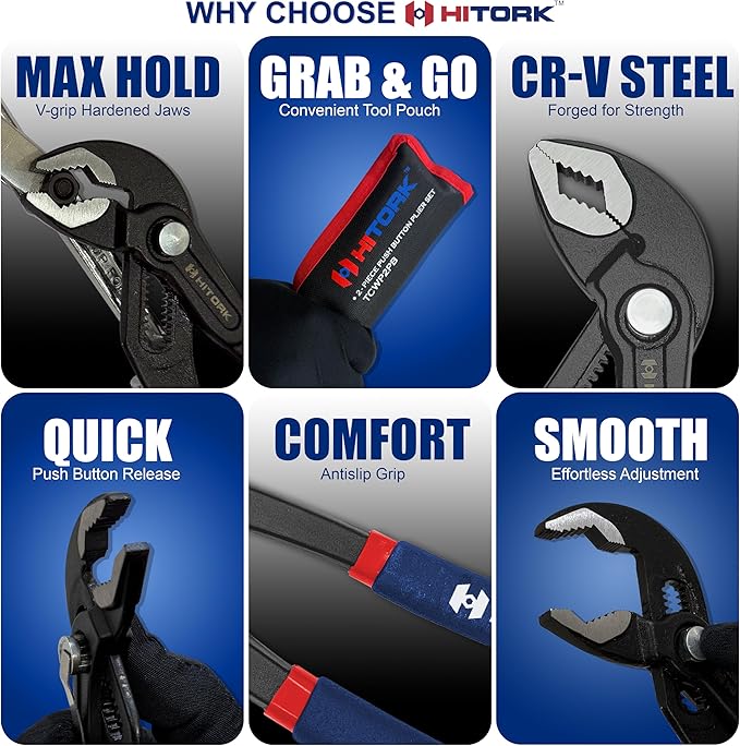 HITORK 2 Piece Groove Joint Pliers Set, 7" & 10" Quick Release Adjustable Water Pump Pliers, CR-V, Hardened Steel V Jaw Grip, Non-Slip Dual Dip Handles for Plumbing, Automotive & Industrial Repair
