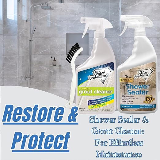 Natural Stone Shower Sealer Quart + Ultimate Grout Cleaner with Brush Quart (2-Pack) – Seals & Protects Showers, Deep Cleans Tile & Grout