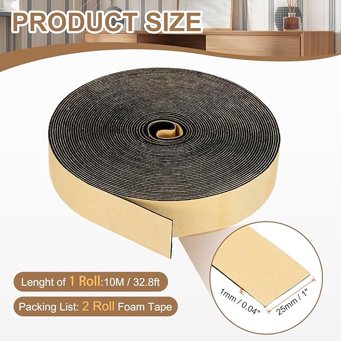 PATIKIL Foam Insulation Tape, 2Pcs 1" W x 1/16" t x 32.8FT Self Adhesive Weather Stripping Door Seal Strip for Door Window Air Conditioning, Black