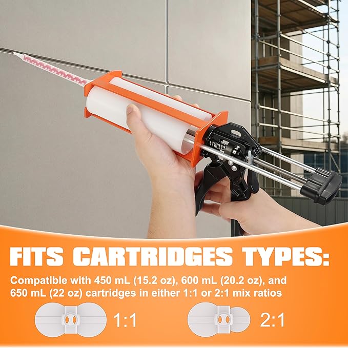 Dual Component Caulking Gun 450ML / 600ML / 650ML (1:1 & 2:1), Manual 2 Part Epoxy Gun for Panel Bonding Adhesive, Structural Epoxy, Plastic & Fiberglass Repair