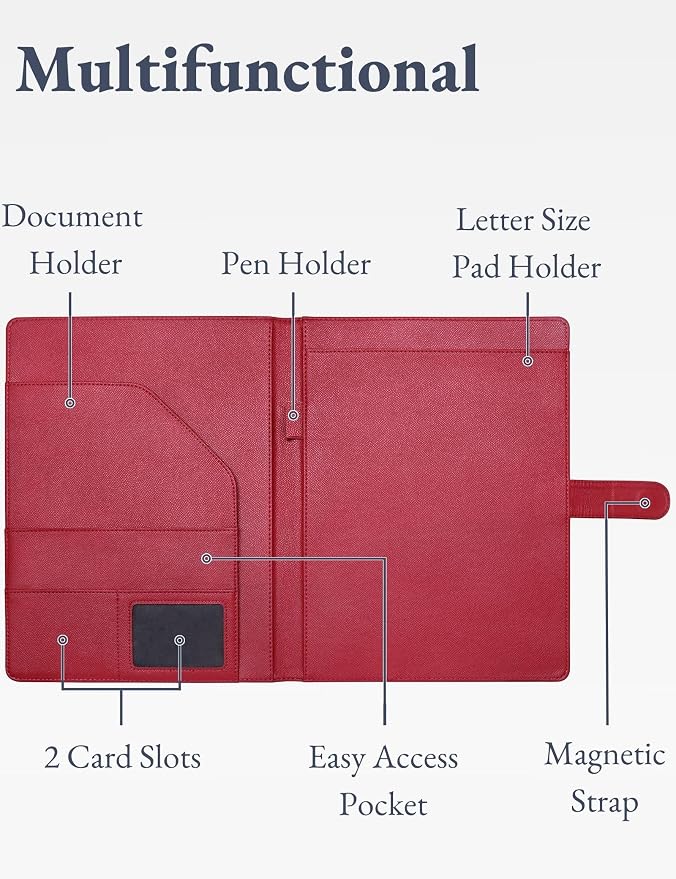 Mymazn Padfolio, Portfolio Folder, Legal Pad Holder, Resume Folder | Faux Leather Binder with Document Organizer, Business Card Holder, Letter-Size Notepad for Interview, Men & Women, Red