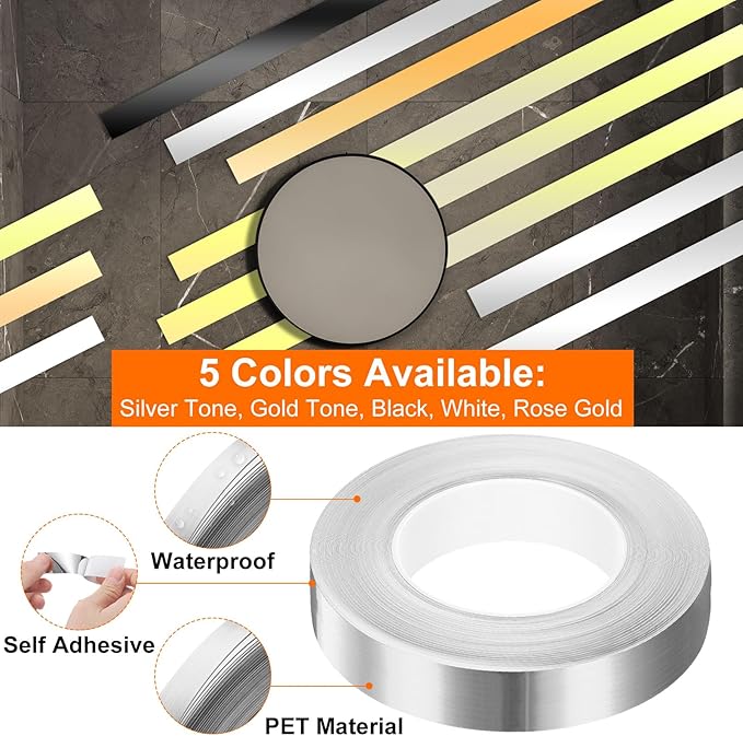 HARFINGTON 2Pcs Floor Tiles Silver Foil Lines Metallic Mirror Tape 0.98" x164 Ft Self Adhesive Decor Floor Wall Seam Sticker Waterproof Gap Sealing Tape for Kitchen Bathroom Cabinet