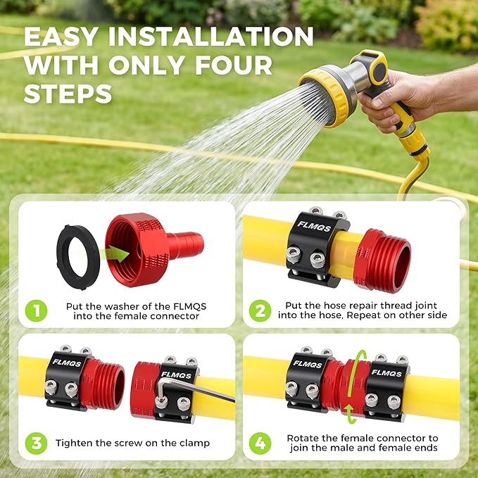 Garden Hose Repair Kit with Upgraded Tight Clamp - 3 Sets Heavy Duty Aluminum Alloy Hose Connector, Fit for 1/2" Hoses, Includes 6 Extra Washers - Leak-Proof Easy Fix (Red)