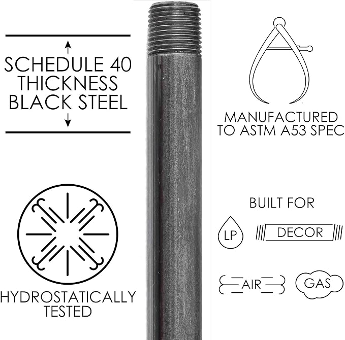 PIPE DÉCOR 1/2” x 42” Malleable Cast Iron Pipe Nipple, Pre-Cut Connectors, Industrial Steel Grey Fits Standard Half Inch Black Threaded Pipes Nipples and Fittings, Build Vintage DIY Furniture, 4 Pack