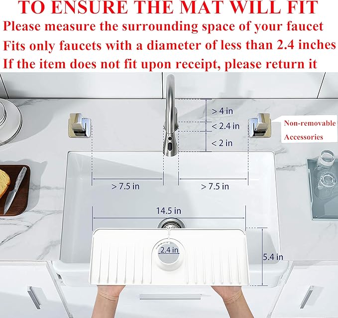 YATOISUR Sink Splash Guard 14.4” x 5.4” - Sink Faucet Mat with Faucet Water Catcher Mat & Soap Dish & Sponge Holder 3 in 1 - Silicone Faucet Handle Drip Catcher Tray for Kitchen RV & Bar Faucet, White