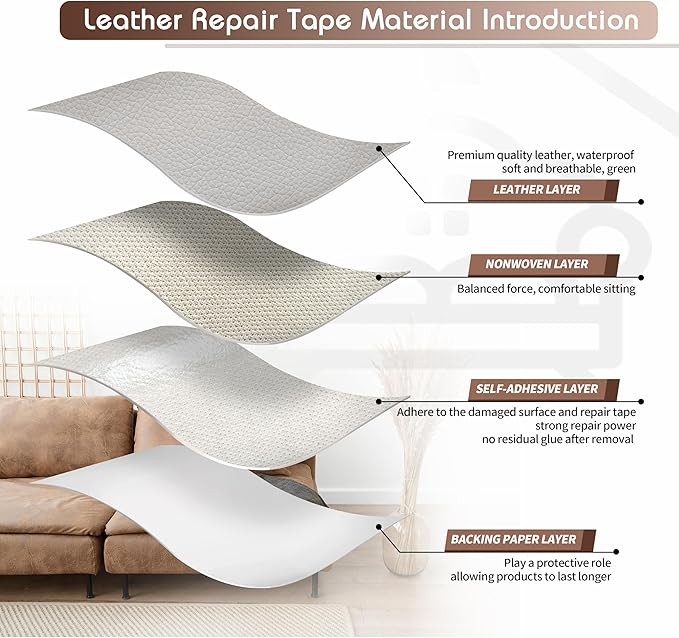 KING MOUNTAIN Leather Repair Patch,4 x 63 Inches self Adhesive Leather Repair Tape for Damaged Leather Furniture, Sofa Seating,Car Seats, Leather Goods(Light Grey)