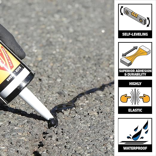 SIKA Sikaflex-410 Asphalt Sealant, Black, Self-Leveling Hybrid Sealant for Filling Cracks in Asphalt Driveways, Roadways, and Pavements - 9 fl. oz. Cartridge, Fills Cracks up to 1.5 in. Wide