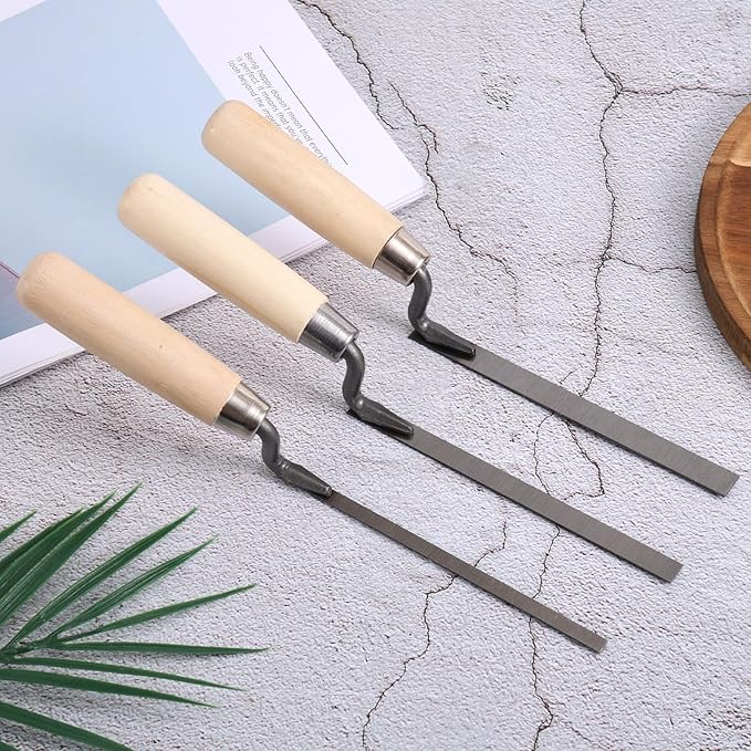 3pcs Tuck Pointer Trowel Set with Wood Handle, 1/4" 3/8" 1/2" Sizes Mortar Repair and Masonry Tools for Tuck Pointing Brick Joint Filling and Grouting Work