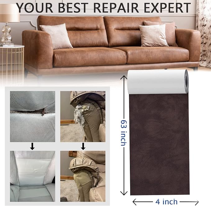 YAFLC Leather Repair Patch for Furniture, 4" x 63" Self Adhesive Leather Repair Kit Vinyl Repair Tape for Car Seat Sofa Jackets Couches Chair Retro Darkbrown