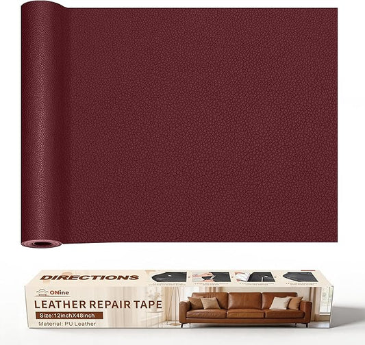 ONine Leather Repair Patch，Leather Repair Tape, 12 x 48 inches Leather Repair Patch for Furniture,Vinyl Repair kit，Leather Couch Patch，for Sofas,Furniture,car Seats,Chairs(Wine red-Litchi Grain)