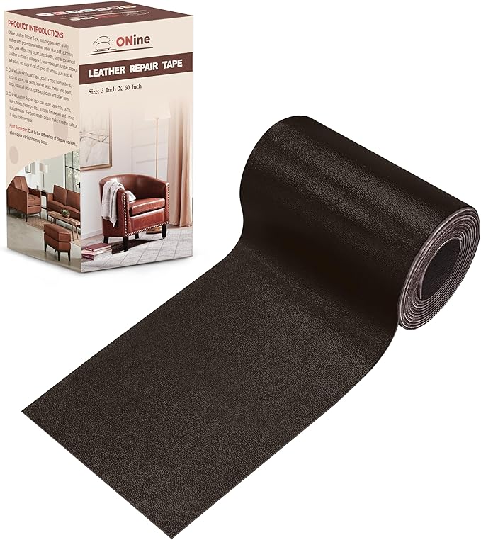 ONine Leather Repair Patch，Leather Repair Tape, 3 x 60 inches Leather Repair Patch for Furniture,Vinyl Repair Kit，Leather Couch Patch，for Sofas, Furniture, Car Seats(Dark Brown-Fine Grain)
