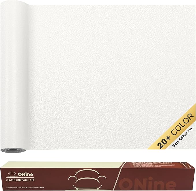 ONine Leather Repair Patch，Self-Adhesive Couch Patch，Multicolor Available Scratch Leather 16X60 Inch Peel and Stick for Sofas, Car Seats Hand Bags Jackets(White-Litchi Grain)