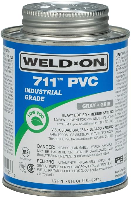 Weld-On 10123 711 Industrial Grade PVC Heavy-Bodied High Strength Solvent Cement - Medium-Setting and Low-VOC, Gray, 1/2 Pint (8 fl oz)