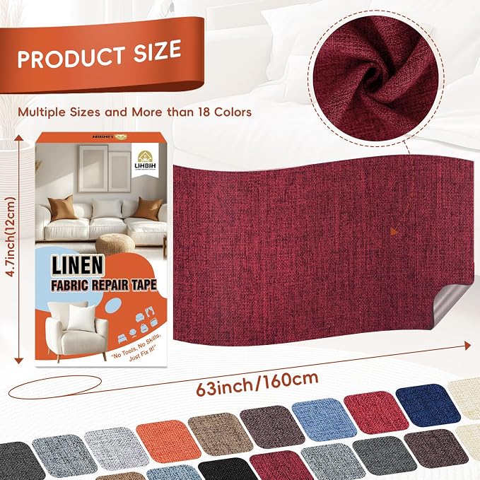 Linen Fabric Repair Tape 4.7x63 Inch, Self Adhesive Couch Patch Repair Fabric Tape for Furniture, Linen Patch Kit for Couch, Carpet, Upholstery, Chair, Sofa, Cushion, Bag (Burgundy)