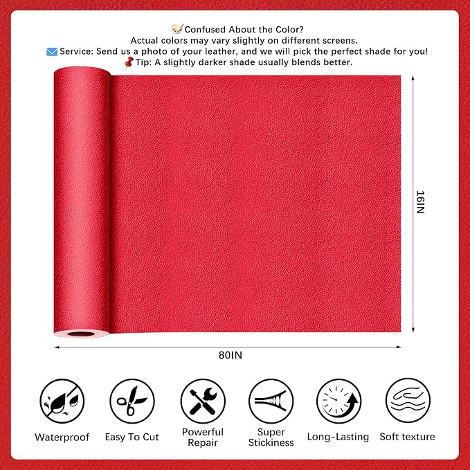 Red Leather Repair Tape, 16x80 Inch Leather Repair Patch Self-Adhesive, Waterproof Faux Leather Patch, Vinyl Repair Tape for Couch, Sofas, Furniture, Office Chair, Car Seats