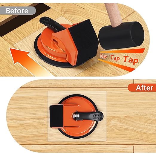 Floor Gap Fixer Tool 45°&90°Striking Surfaces Floor Gap Repair Tool Made of Iron & Enhanced Suction Cup with Slot Cutter and 5pcs Sticky Pads for Fixer Laminate/Vinyl Flooring Tools (Orange)