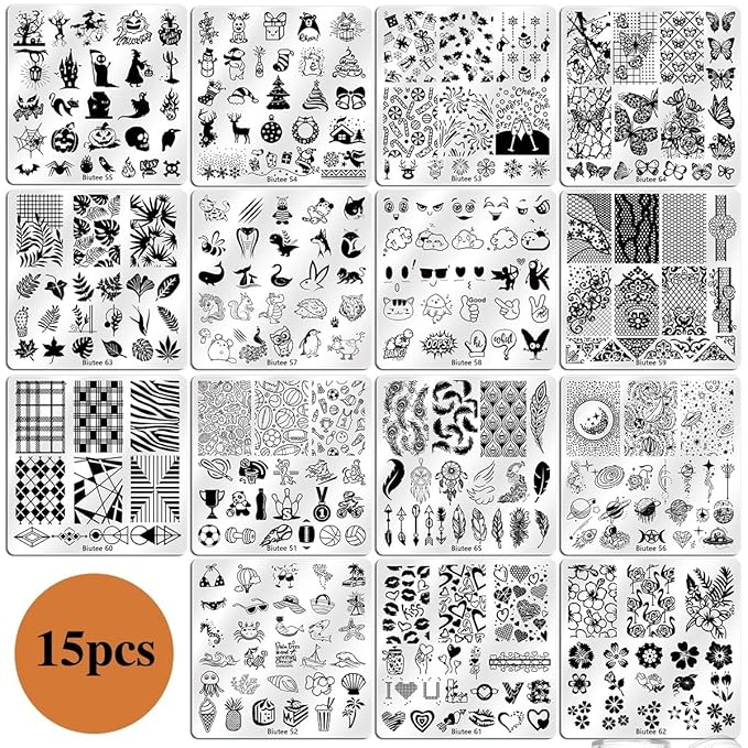 Biutee 15PCS Nail Art Stamping Plate 8 Nail Stamping Gel Polish Nail Stamping Kit Nail Stamper Scraper with Storage Bag, Lace Flower Butterfly Star Design Nail Stamp Template Kit for DIY Nail Art