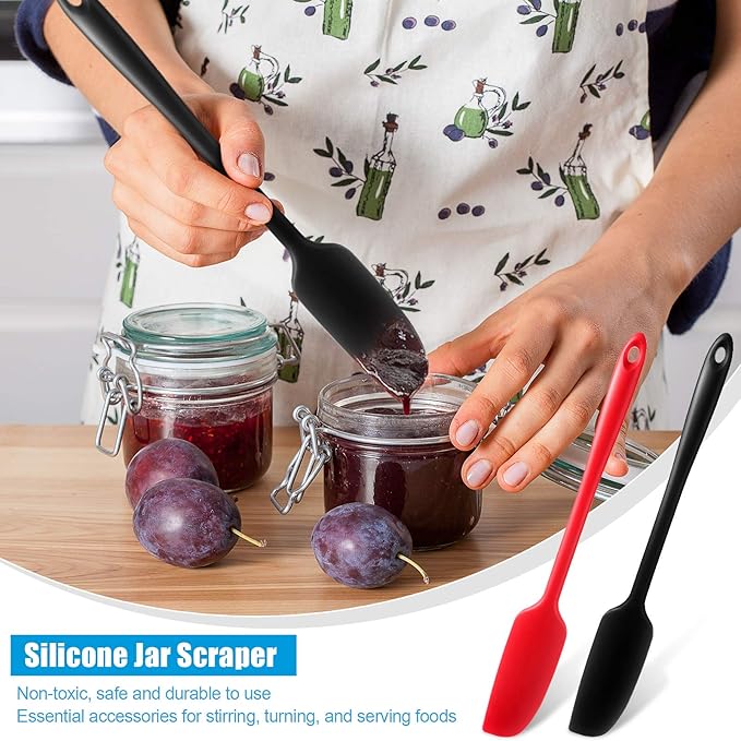 Patelai 2 Pieces Silicone Jar Spatula Long Handle Non-stick Rubber Scraper Heat Resistant Spatula Silicone Scraper for Jars, Smoothies, Blenders Cooking Baking Stirring Mixing Tools (Red,Black)