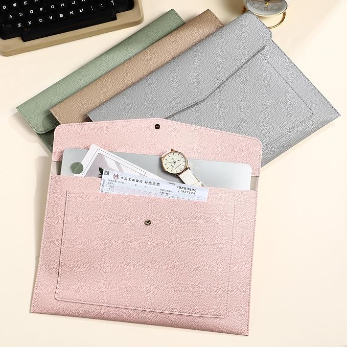 A4 Large Capacity Document Bag, Premium PU Leather File Holder, Multi-Color, Double-Layer Design, 13.39 x 10.04 Inches (Pink)