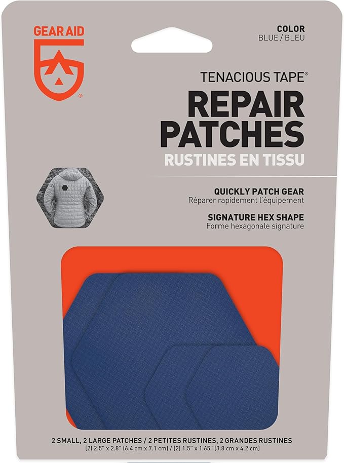 GEAR AID Tenacious Tape Hex – 2.5” & 1.5” Repair Patches (4 Patches: Two 2.5” & Two 1.5”, Blue) – Peel-and-Stick Outdoor Nylon Fabric to Fix Holes and Burns in Down Jackets, Rain Gear and Tents